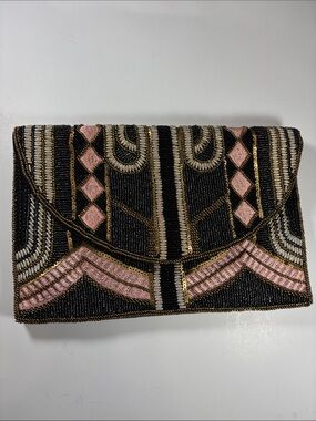 Beaded Clutch Purse Black Art Deco Pink Gold Evening Crossbody Chain Shirdee Bag